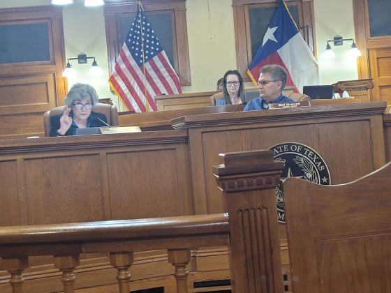 County Commissioner Terry Cook, a Democrat, explains her reasoning for opposing the resolution that supports border security while County Judge Bill Gravel, a Republican, looks on. Photo by Nalani Nuylan.