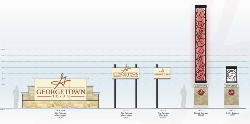 Various wayfinding signs for the city include an updated Georgetown sign with the new logo, signs for the city along smaller roads as people are entering and leaving city limits and two propositions for columns marking the downtown district.