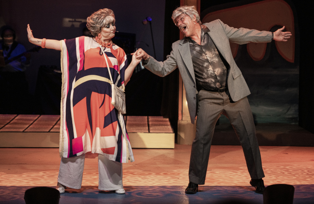 Kirk Kelso, as Maury, and Samantha Watson, playing Shirley, are shown in  a Thursday, March 21, photo from the dress rehearsal of "Disaster! the Musical," playing through April 21 on the Palace's Springer Stage.  Photos by Andy Sharp. 