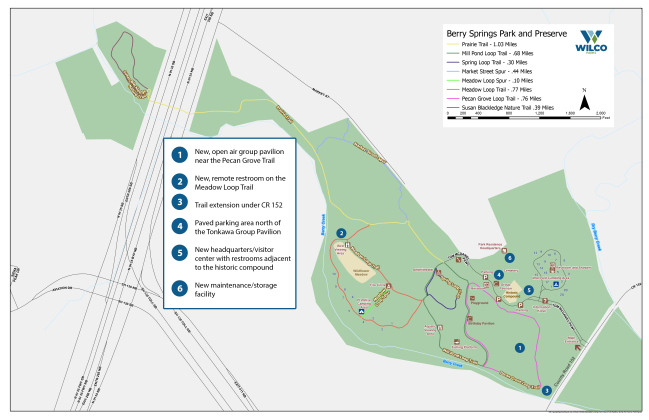 A map shows multiple park improvement projects in Berry Springs. Illustration courtesy of Williamson County.