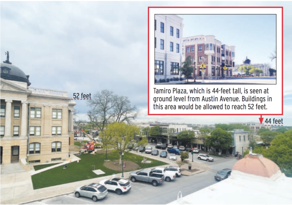 Maximum allowed building heights on downtown blocks outside of the nine-block Square will increase from 40 feet. The current proposal of 52 feet would meet the bottom of the courthouse balustrade, as marked here. To the far right is Tamiro Plaza, which stands at 44 feet as a reference. (Photos by Nicolas Cicale)