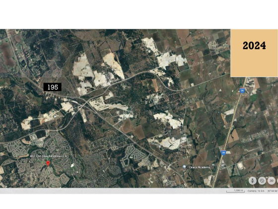 An aerial satellite view shows a collection of quarries in central Williamson County along Ronald Reagan Boulevard and Highway 195. The exposed sand and limestone at the quarries allows them to stick out as light spots on the map. Courtesy Coalition for Responsible Aggregate Mining