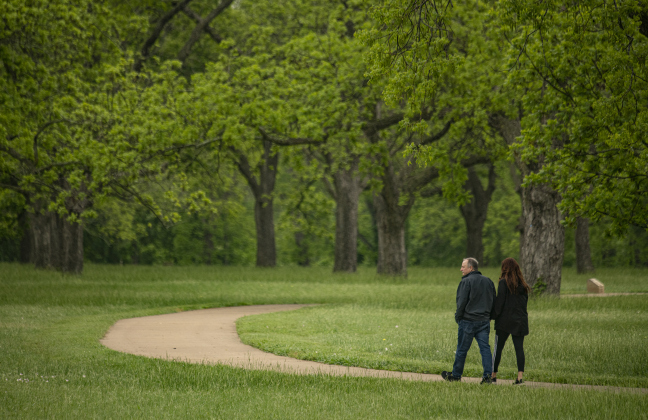 tephen and Cheryl Ross enjoy a walk under a canopy of pecan trees at Berry Springs Park &amp; Preserve with  a cooler and cloudy day  on Saturday, April 20.   Friday, April 26th is National Arbor Day.
