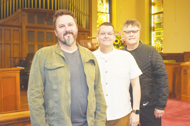 From left, Bach Festival Executive Director Mark Humphrey, First United Methodist Church Music Director Marc Profant and Barry Williamson, Texas Bach Festival founder, at the festival’s new home inside First United Methodist Church. Photo by Katherine Anthony
