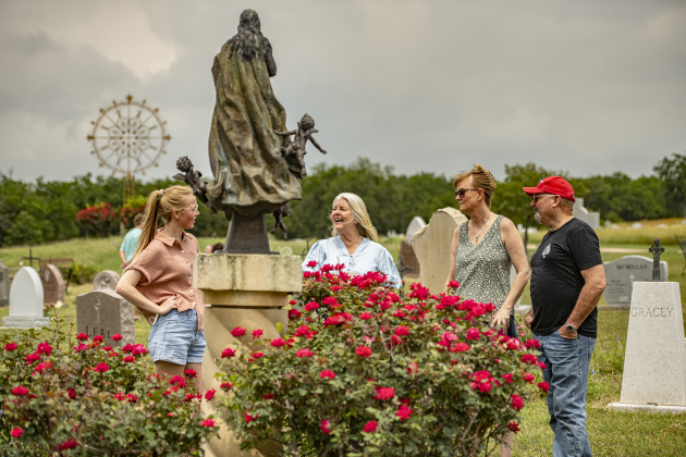 Ellen Brumder, a co-founder (with her husband, Nick) of Our Lady of the Rosary Cemetery & Prayer Gardens, was on hand Saturday, April 27, 2024 to celebrate Art in the Gardens, the 20th anniversary of Our Lady.  The couple live in New Zealand, but return to the area occasionally.    Photo by Andy Sharp. 