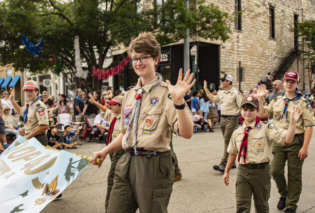 Members of Boy Scout Troop 405 participated in  parade along Austin Avenue during the 25th Annual Red Poppy Festival on Saturday, April 27, 2024.    Photo by Andy Sharp.