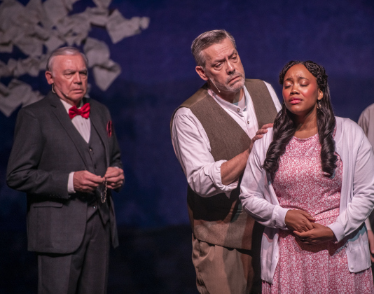 Curt Olson, left, as Mayor Josiah Dobbs, Scott Poppaw, center, as Daddy Murphy, and Carolyn O'Brien, playing Alice Murphy,  are pictured in a Thursday, May 30, 2024 photo from the dress rehearsal of the Georgetown Palace production of "Bright Star," playing through June 30th on the Springer Stage.     Photo by Andy Sharp.