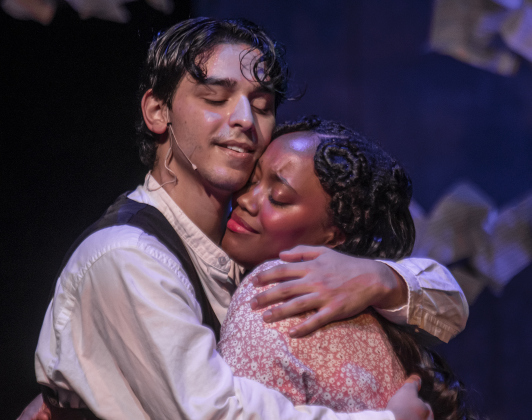 Will Mallick, as Jimmy Ray Dobbs, and Carolyn O'Brien, playing Alice Murphy, are pictured in a Thursday, May 30, 2024 photo from the dress rehearsal of the Georgetown Palace production of "Bright Star," playing through June 30th on the Springer Stage.     Photo by Andy Sharp. 