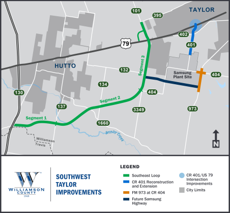 Map shows the location of the Southwest Taylor road projects including the Samsung Highway. Illustration courtesy of Williamson County.