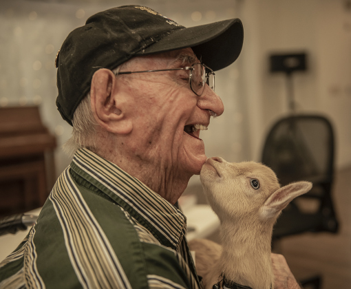 Bo, a Nigerian dwarf goat almost 4 weeks old, enjoyed cuddling with Roy Allgood at the S.P.J.S.T. Skilled Nursing and Rehabilitation Center  on Thursday, June 6, 2024.
