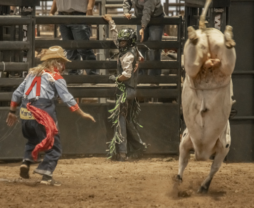 Jackilynn Gayle, 15, moves out of the way after being thrown during Bull Riding at the 1st Annual Bill Pickett Youth Rodeo, held at the Williamson County Expo Center  on Saturday, June 15, 2024.   The rodeo was open to entrants 18-years-old or younger.    Photo by Andy Sharp.