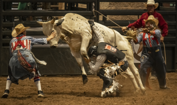 Travis Lopez competes in Bull Riding at the 1st Annual Bill Pickett Youth Rodeo, held at the Williamson County Expo Center  on Saturday, June 15, 2024.   The rodeo was open to entrants 18-years-old or younger.    Photo by Andy Sharp.