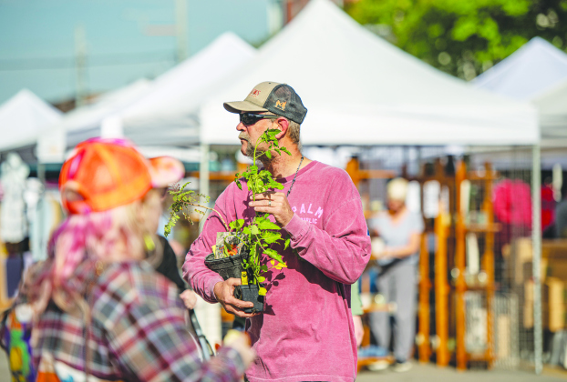Shopper Keith Anderson walks along Seventh Street with tomato plants he purchased during Market Days April 13, 2024.