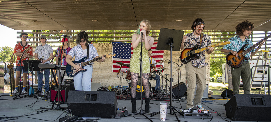 Aviator, including singer Jasmine Morris, center, performs during the 4th of July celebration  in San Gabriel Park on Thursday, July 4, 2024.  The Georgetown Sertoma Club sponsors the 4th of July Freedom Festival each year in San Gabriel Park.  Photo by Andy Sharp.