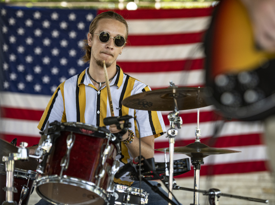 Dylan Becker, drummer for the group Aviator, performs with his band during the 4th of July celebration  in San Gabriel Park on Thursday, July 4, 2024.  The Georgetown Sertoma Club sponsors the 4th of July Freedom Festival each year in San Gabriel Park.  Photo by Andy Sharp.