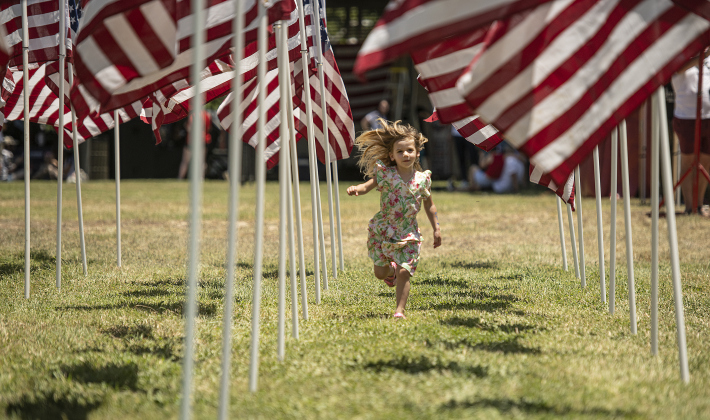 3-year-old Luna Defesche enjoyed the flags promoting next November's Field of Honor display during the 4th of July celebration  in San Gabriel Park on Thursday, July 4, 2024.  The Georgetown Sertoma Club sponsors the 4th of July Freedom Festival each year in San Gabriel Park.  Photo by Andy Sharp.