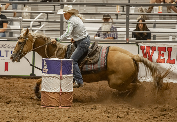Tammy Fischer of Ledbetter, Texas competes in Barrel Racing.
