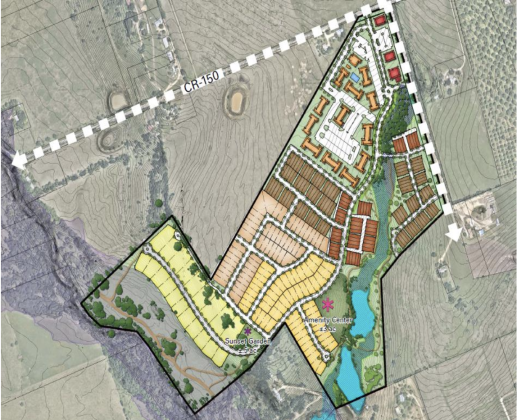 Site plans for the proposed Serenity Ranch Municipal Utility District show multi-family housing toward the front of the property and single-family housing toward the back, with the largest single-family lots along the dry portion of Berry Creek. (Courtesy Athena Domain Inc.)