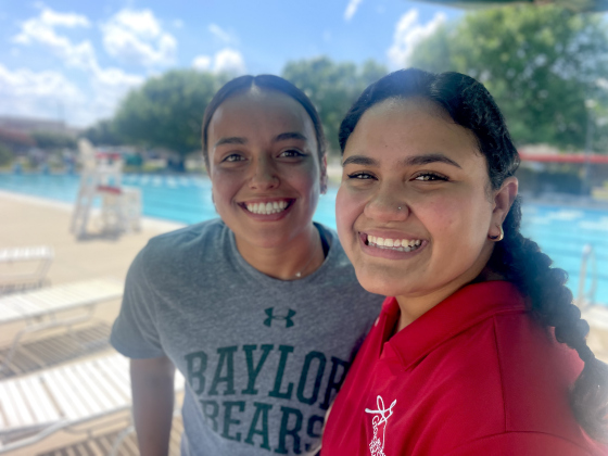 Lifeguards Katie Vasquez, left, and Alison Jaen work together to promote safety and fun at Georgetown’s public pools. (Photos courtesy City of Georgetown)