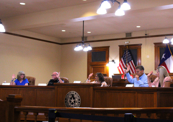  The Williamson County Election Board votes to use pre-printed ballots for the upcoming November election. From left to right: Democratic Party Chair Kim Gilby, County Sheriff Mike Gleason, Wilco Election Administrator Bridgette Escobedo, County Judge Bill Gravell and Republican Party Chair Michelle Evans. Photo by Nalani Nuylan.