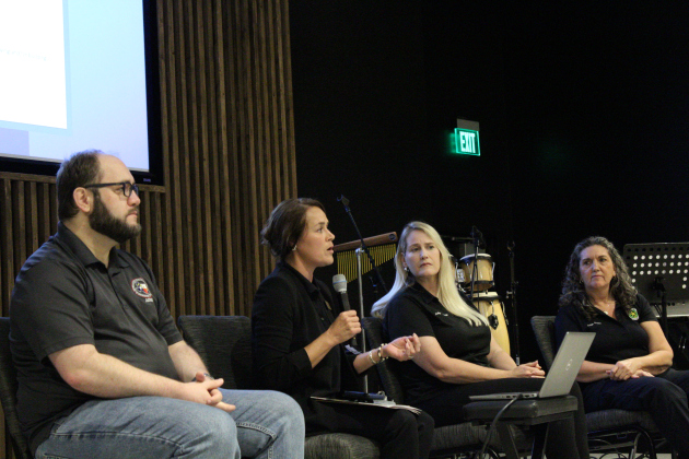 All four county Justices of the Peace give a presentation on the need for a medical examiner in Leander on July 25. From left to right: KT Musselman, Angela Williams, Evelyn McLean, Rhonda Redden. Photo by Nalani Nuylan. 