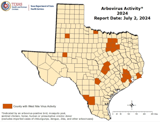 Texas counties reporting mosquito virus activity, week 26 of the 2024 season. Illustration courtesy of the Texas Department of Human Health Services.