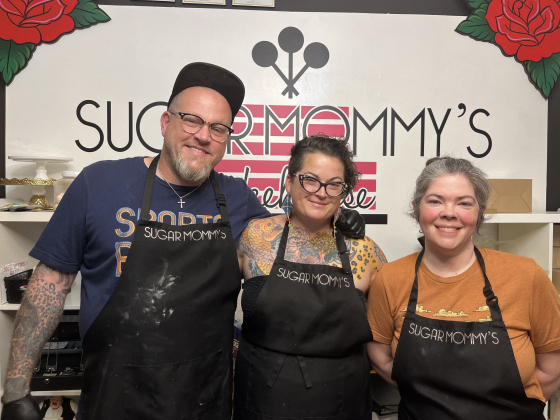 Sugar Mommy’s staff, from left, includes Co-owners Kasey Bedair and CJ Bedair, as well as Head Baker Avery Charles.