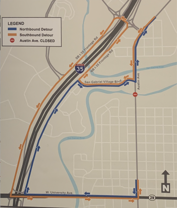 This map shows planned detours that will be in place temporarily as the Austin Avenue bridge is worked on, beginning later this summer.
