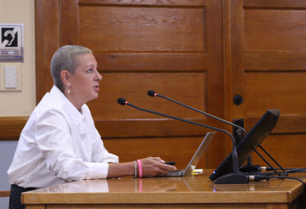 Wilco Budget Officer Ashlie Holladay presents the proposed Fiscal Year 2025 budget for the county during the August 6 Commissioners Court meeting at the historic courthouse. Photo by Nalani Nuylan.