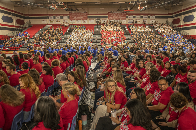 The East View High School gymnasium was filled with attendees during the convocation for Georgetown Independent School District staff on Tuesday, August 6, 2024.   Georgetown public schools open on August 15.  Photo by Andy Sharp