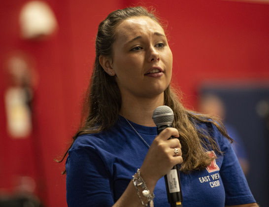 East View High School incoming senior Ellie Murphy spoke eloquently about her time as a school district student  during the convocation for Georgetown Independent School District staff on Tuesday, August 6, 2024.   Georgetown public schools open on August 15.  Photo by Andy Sharp