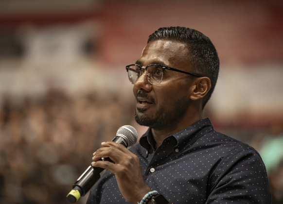 Superintendent Devin Padavil speaks during the convocation for Georgetown Independent School District staff on Tuesday, August 6, 2024.   Photo by Andy Sharp