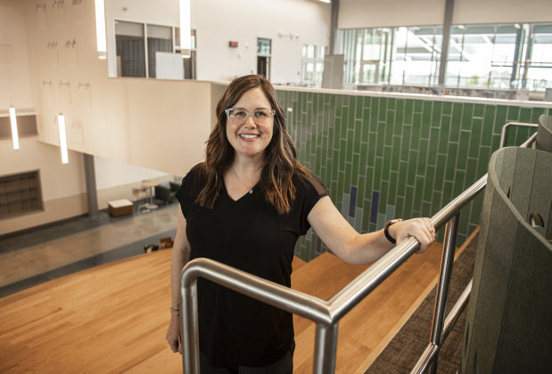 San Gabriel Elementary School principal Rebecca Lambert is shown on Monday, August 5, 2024 near the school's learning stairs, an open area where students and staff can relax or  study.  The school, along with a new Benold Middle School, are two schools that open their doors to students on August 15.  Photo by Andy Sharp