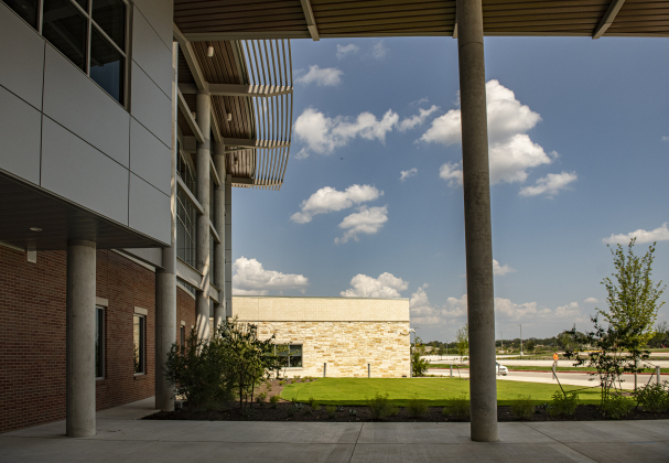 The main entrance to the new Benold Middle School is seen on Monday, August 5, 2024. The school, along with  San Gabriel Elementary School, are two schools that open their doors to students on August 15.  Photo by Andy Sharp