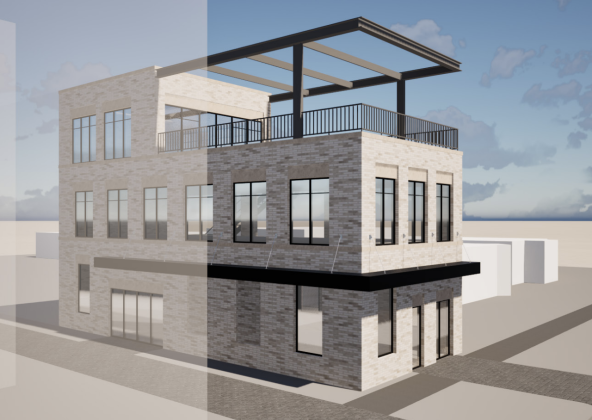 The bottom floor of the proposed building at 205 East Ninth Street would provide access to both retail space and a yoga studio. (Courtesy Wang Architects)