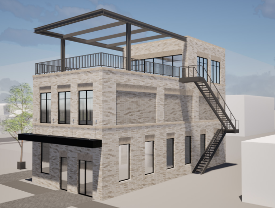 The backside of the building shows an outdoor staircase to comply with fire codes. (Courtesy Wang Architects)