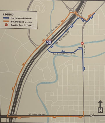 North fork closure redirects traffic to San Gabriel Village Boulevard and onto the I-35 service road before redirecting back to Austin Avenue. 