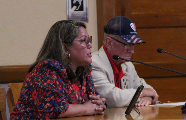 Leander resident Kate Mc Donald, front, speaks in favor of the death investigators during public comment at Commissioners Court. Photo by Nalani Nuylan.