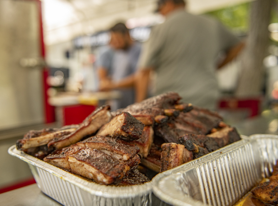 A large platter of ribs prepared by the Pfluger Builders team are seen  at  the 45th Taylor International BBQ Cook-Off on Saturday, August 17, 2024.  Held at Murphy Park, the event, attracting entrants from all over Texas, continued through Saturday.    Photo by Andy Sharp.
