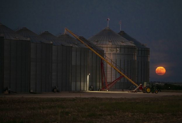 A full moon, called a Sturgeon Moon, rises just before 8:30 p.m. over the Ging Farm grain elevators along Pfluger Berkman Road on Monday, August 19.  This is near Coupland and close to the Williamson and Travis County lines.   
