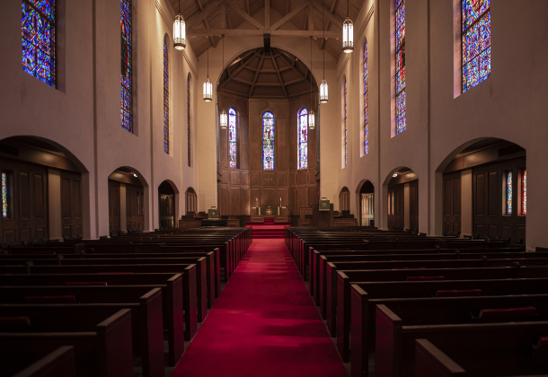 Lois Perkins Chapel, on the campus of Southwestern University, is pictured on Saturday, August 17, 2024.  Opened in 1950, it is named for Southwestern alumnus Lois Perkins, who attended the school from 1908-1911.  The chapel is opened from 8a.m. to midnight each day during semesters.   Photo by Andy Sharp.  