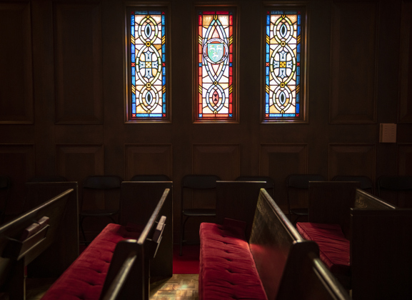 Lois Perkins Chapel, on the campus of Southwestern University, is a quiet space on Saturday, August 17, 2024.  Opened in 1950, the chapel is named for alumnus Lois Perkins, who attended the school from 1908-1911.  It is open each day from 8a.m. to midnight during semesters.    Photo by Andy Sharp.