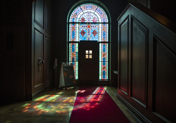 Morning light shines into the entry foyer at Southwestern University's  Lois Perkins Chapel on Saturday, August 17, 2024.  Opened in 1950, it is named for Southwestern alumnus Lois Perkins,  who attended the school from 1908-1911.  It is open every day from 8a.m. to midnight during semesters.   Photo by Andy Sharp.