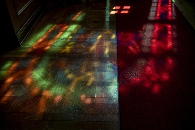 Morning light filters into the entry foyer in Southwestern University's Lois Perkins Chapel  on Saturday, August 17, 2024.   Opened in 1950, it is named for Southwestern alumnus Lois Perkins, who attended from 1908-1911.  It is open each day from 8a.m. to midnight during semesters.  Photo by Andy Sharp.