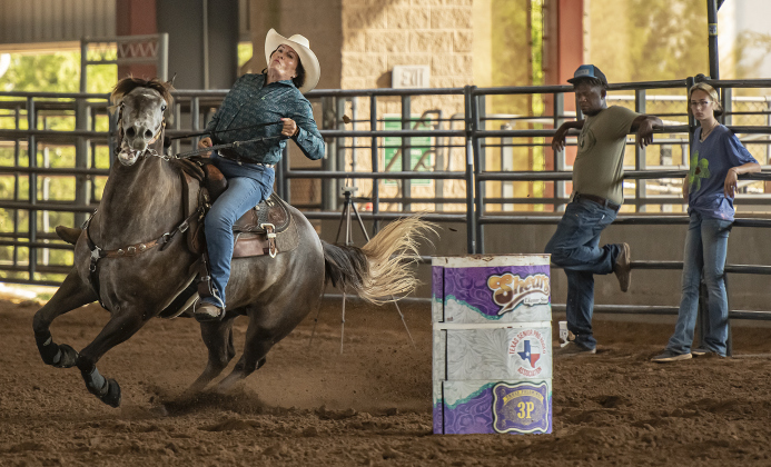Lana Giebe takes  part in the Barrel Racing  competition at the Texas Senior Pro Rodeo Association's  rodeo held at the Williamson County Expo Center.