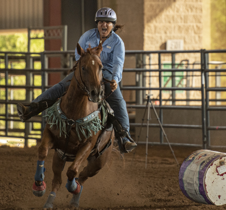 Darla Jackson of Elgin gives maximum energy and excitement during  the Barrel Racing  competition at the Texas Senior Pro Rodeo Association's  rodeo held at the Williamson County Expo Center on Saturday, August 24, 2024.  Founded in 1978, the group promotes rodeo for athletes 40-years old or older.   This year's Taylor stop concluded on Sunday at the Expo Center.   The association's next event will be September 7-8 in Gonzales.    Photo by Andy Sharp.
