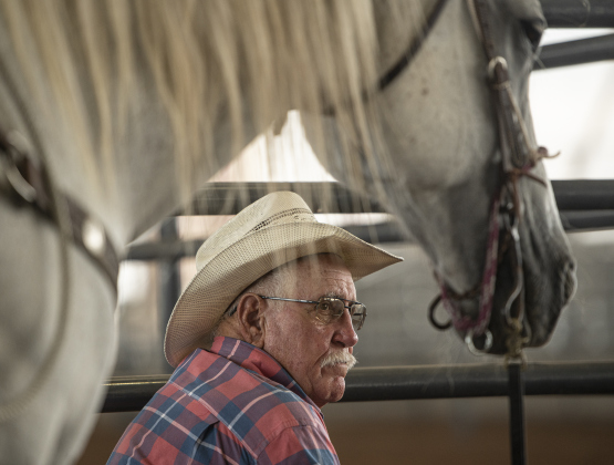 Rex Wimmer, 86, from Austin, relaxes with his horse Toby after competing in 80 Breakaway Roping at the Texas Senior Pro Rodeo Association's  rodeo held at the Williamson County Expo Center.