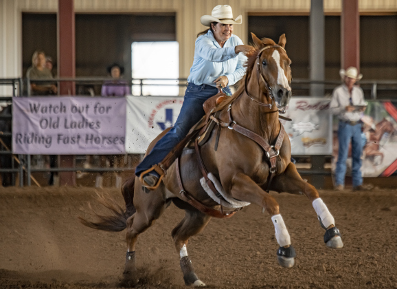erre Danley of Graham, Texas competes in the  Barrel Racing  competition at the Texas Senior Pro Rodeo Association's  rodeo held at the Williamson County Expo Center on Saturday, August 24, 2024.