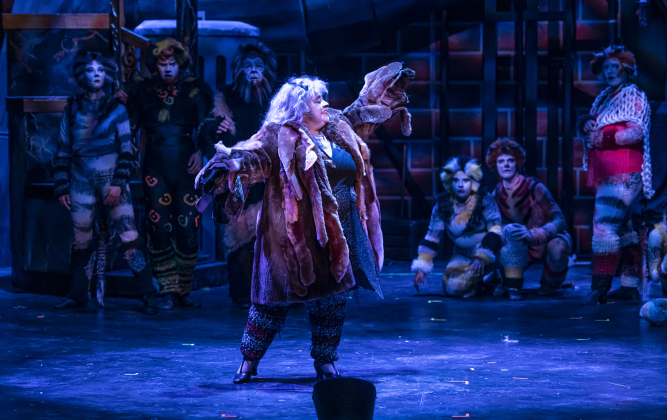 Jennifer Tucker, as Grizabella, is pictured in a Thursday, August 1, 2024  scene from the dress rehearsal of "Cats," playing on the Palace Springer Stage through September 8.  Photo by Andy Sharp 