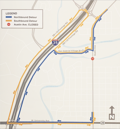 South fork closure also redirects traffic to San Gabriel Village Boulevard and allows drivers to use the I-35 service road to reach their destination.